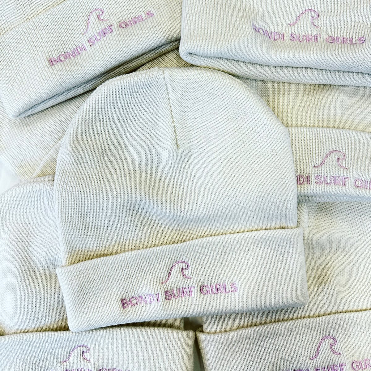 Bondi Surf Girls Beanie embroidered caps by Melbourne Merch - crisp embroidery, cleanly stacked, brand reads perfectly