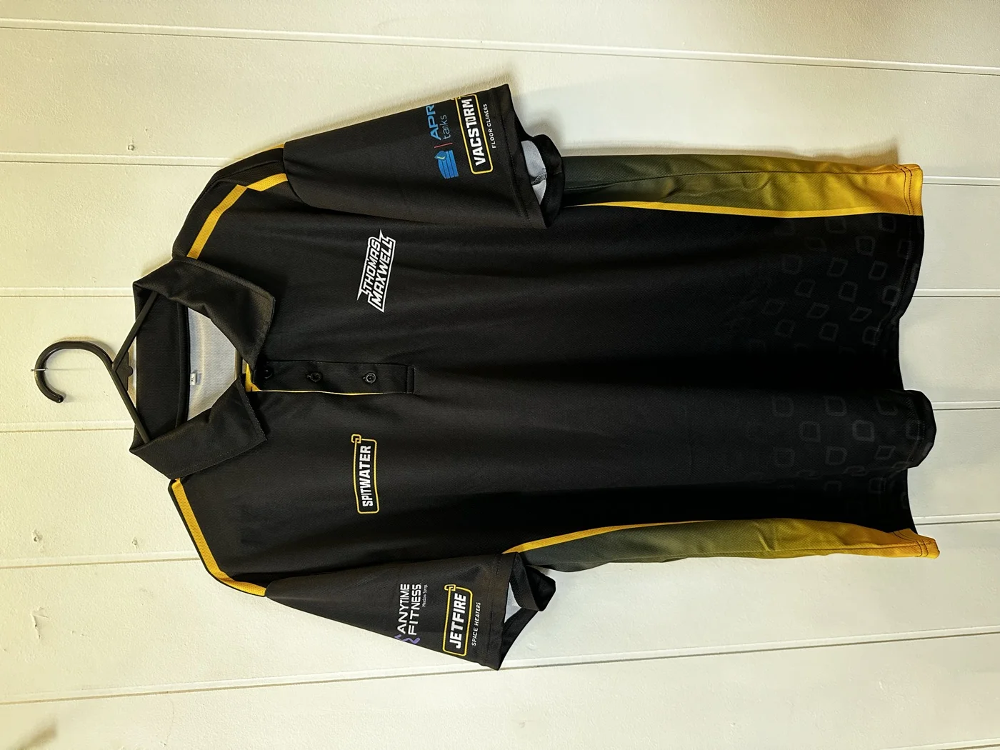 Thomas Maxwell motorsport sponsor sublimated polo with multi-colour branding