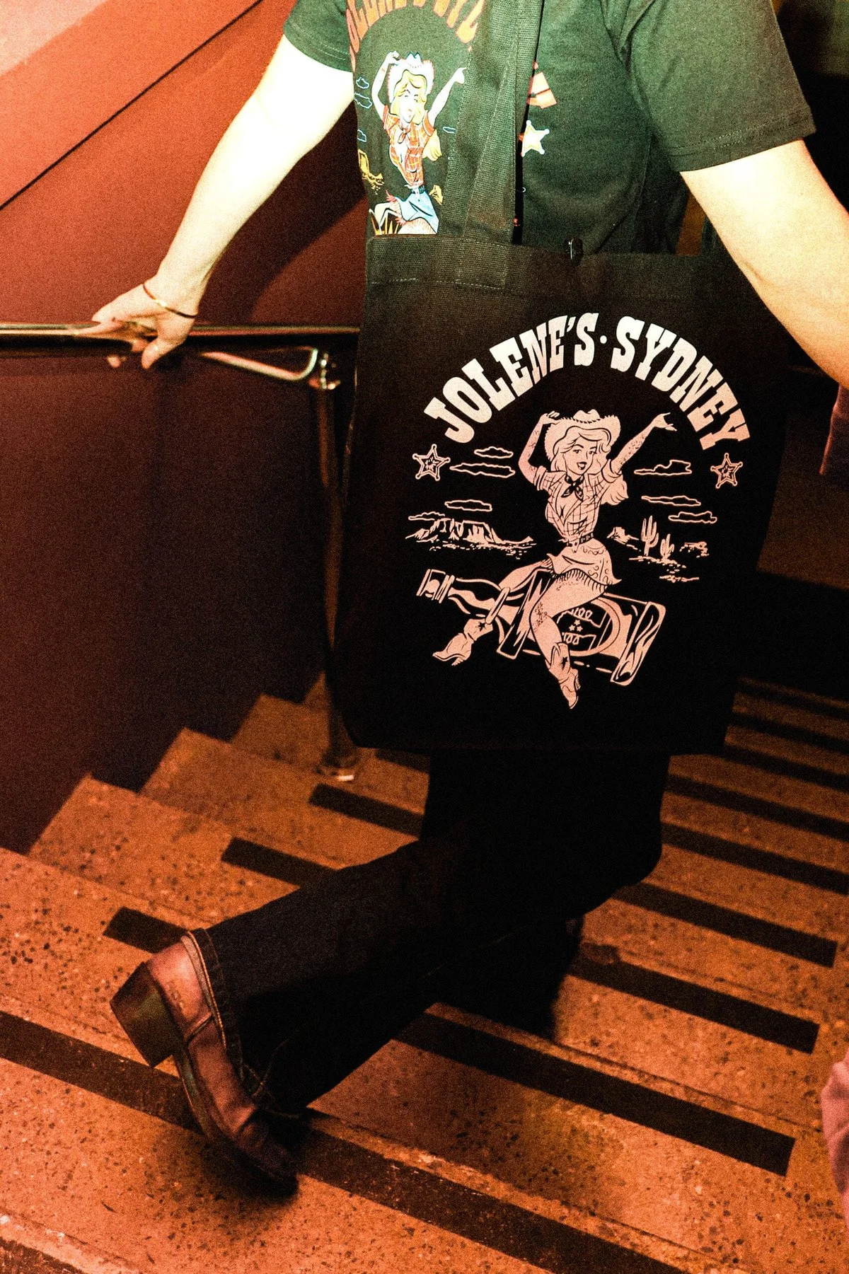 Jolenes Sydney DTF print tee lifestyle shot with cowboy graphic on back