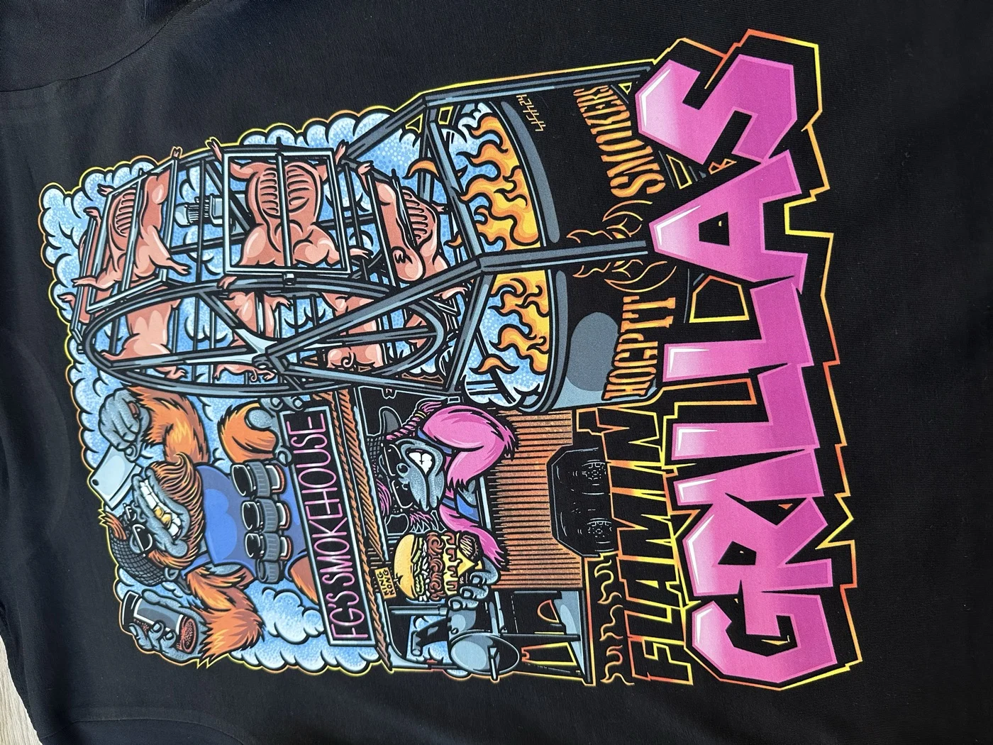 Flamin Grillas DTF print on tee, lifestyle photo worn outdoors