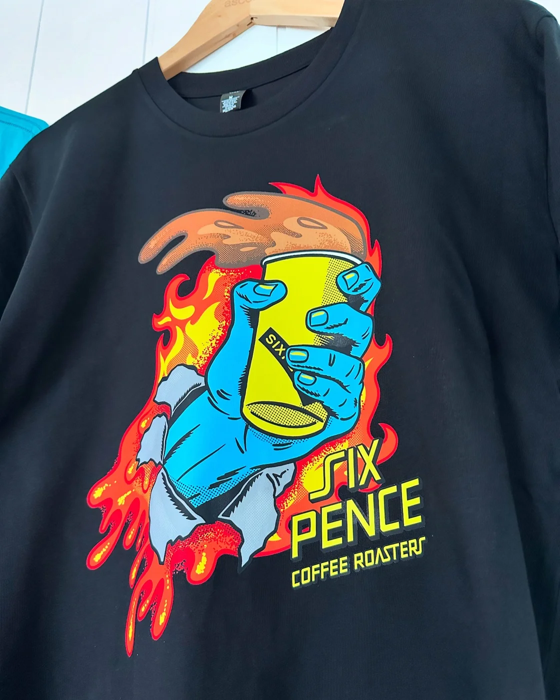 Sixpence Coffee branded DTF tee for hospitality team